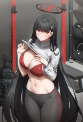 Rule 34 | 1girl, black hair, black pants, blue archive, blunt bangs, bra, breasts, bright pupils, clothes lift, dumbbell, gileu, gym, hair ornament, hairclip, halo, highres, large breasts, midriff, navel, pants, power rack, red bra, red eyes, ribbed sweater, rio (blue archive), sweater, sweater lift, turtleneck, turtleneck sweater, underwear, weights, white sweater, yoga pants