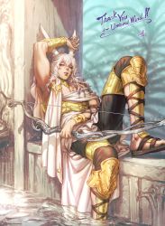 Rule 34 | 1boy, ancient greek clothes, animal ears, arm up, armor, bishounen, black pants, blue eyes, bow (weapon), breastplate, collar, commentary, commission, expressionless, final fantasy, final fantasy xiv, foot out of frame, from side, fujii eishun, gold armor, greco-roman clothes, half-closed eyes, heterochromia, highres, holding, holding bow (weapon), holding weapon, knee pads, knee up, looking at viewer, male focus, medium hair, metal collar, open mouth, outdoors, pants, rabbit ears, reclining, sandals, signature, skeb commission, soaking feet, solo, thank you, toga, toned, toned male, vambraces, viera, warrior of light (ff14), water, wavy hair, weapon, white hair, yellow eyes