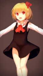 Rule 34 | 1girl, ascot, black dress, blonde hair, breasts, brown background, collared shirt, commentary, dress, fangs, feet out of frame, hair ribbon, highres, long sleeves, looking at viewer, open mouth, outstretched arms, pinafore dress, red ascot, red eyes, red ribbon, ribbon, rumia, shirt, shone, short hair, sleeveless, sleeveless dress, small breasts, smile, solo, spread arms, touhou, white shirt