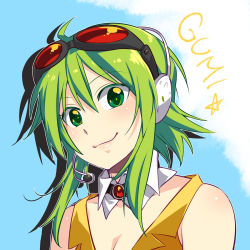 Rule 34 | 1girl, ahoge, bare shoulders, caffein, character name, detached collar, goggles, goggles on head, green eyes, green hair, gumi, headset, highres, matching hair/eyes, red-tinted eyewear, short hair, smile, solo, tinted eyewear, upper body, vocaloid