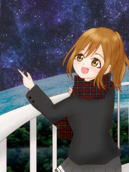Rule 34 | 1girl, artist name, artist request, black footwear, black legwear, blush, brown hair, checkered clothes, checkered scarf, coat, duffel coat, female focus, grey skirt, kunikida hanamaru, light brown hair, loafers, long hair, looking at viewer, looking back, love live!, love live! school idol festival, love live! sunshine!!, night, night sky, pleated skirt, red scarf, scarf, school uniform, shoes, skirt, sky, sleeves past wrists, smile, solo, standing, star (symbol), striped clothes, striped scarf, swept bangs, yanai hicurry, yellow eyes