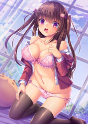 Rule 34 | 1girl, :d, absurdres, black thighhighs, blue sky, bow, bow bra, bow panties, bra, breasts, brown hair, changing clothes, cleavage, collarbone, curtains, dutch angle, frilled bra, frills, hair ornament, hair ribbon, highres, indoors, jacket, kneeling, lace, lace-trimmed bra, lace trim, long hair, looking at viewer, medium breasts, navel, open clothes, open mouth, open shirt, original, panties, panty pull, pink bra, pink panties, red eyes, red jacket, ribbon, shiny skin, shirt, side-tie panties, sidelocks, sky, smile, stuffed animal, stuffed toy, thigh gap, thighhighs, thighs, tree, twintails, umitonakai, underwear, uniform, white shirt, window