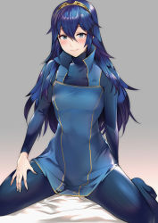 Rule 34 | 1girl, ameno (a meno0), bad id, bad twitter id, bed sheet, blue eyes, blue hair, blush, bodysuit, fire emblem, fire emblem awakening, hand on own hip, highres, long hair, looking at viewer, lucina (fire emblem), nintendo, ribbed bodysuit, simple background, sitting, smile, solo, wariza