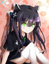 Rule 34 | 1girl, animal ear fluff, animal ears, black dress, black hair, blue archive, blunt bangs, china dress, chinese clothes, cie pu (shie pu), dress, green eyes, knees up, long hair, short sleeves, shun (blue archive), shun (small) (blue archive), sitting, smile, solo, thighhighs, thighs, tiger ears, tiger girl, twintails, white thighhighs