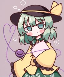 Rule 34 | 1girl, absurdres, blush stickers, bow, collar, floral print, flower, frilled collar, frilled sleeves, frills, green eyes, green hair, green skirt, hat, hat bow, heart, heart of string, highres, holding, holding pillow, komeiji koishi, long sleeves, looking at viewer, pillow, purple background, rose, rose print, shirt, short hair, simple background, skirt, sleeves past fingers, sleeves past wrists, smile, solo, third eye, touhou, waroemon, yellow bow, yellow shirt