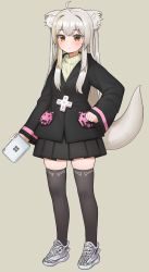 Rule 34 | 1girl, absurdres, ahoge, animal ear fluff, animal ears, black jacket, black skirt, black thighhighs, blush, brown background, brown eyes, brown hair, brown sweater, closed mouth, commentary, commission, english commentary, full body, grey hair, hand on own hip, highres, holding, jacket, long hair, long sleeves, multicolored hair, original, pleated skirt, pocari (sq551), ribbed sweater, shoes, simple background, skirt, sleeves past wrists, solo, standing, streaked hair, sweater, tail, tail raised, thighhighs, very long hair, white footwear, wide sleeves