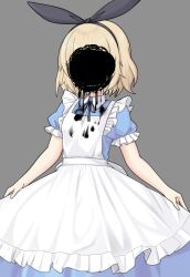 Rule 34 | 1girl, alice (black souls), apron, black hairband, black souls, blonde hair, blue dress, commentary, darkness, dress, facing viewer, grey background, hairband, hole in face, palenitre, short hair, simple background, solo, white apron