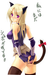 Rule 34 | 1girl, akamaru, anal, anal tail, animal ears, ass, assassin (ragnarok online), blonde hair, blush, butt plug, cat ears, cat tail, crotchless, crotchless panties, elbow gloves, fake tail, gloves, object insertion, panties, purple eyes, pussy juice, ragnarok online, sex toy, simple background, solo, tail, thighhighs, underwear