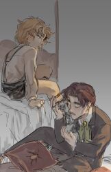 Rule 34 | 2boys, age difference, aged down, bed, blonde hair, closed eyes, dio brando, facial hair, feet, foot worship, george joestar, highres, holding another&#039;s foot, indoors, jacket, jojo no kimyou na bouken, legwear garter, looking at another, male focus, multiple boys, mustache, no shoes, on bed, onii-shota, panamimpi, pants, phantom blood, shirt, short hair, shorts, sitting, socks, suspenders, white shirt, yaoi
