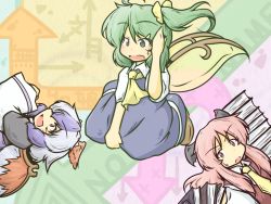 Rule 34 | &gt;:d, &gt;:o, 3girls, :d, :o, ahoge, arrow (symbol), ascot, bat wings, blue dress, blue hair, blush, book, book stack, bow, daiyousei, dress, dress shirt, dropping, english text, fairy wings, feathers, green eyes, green hair, hair bow, hand on own head, head wings, holding, holding book, horns, kch, kneeling, koakuma, large wings, long hair, long sleeves, multicolored hair, multiple girls, necktie, open mouth, red eyes, red hair, red wings, shirt, shoes, short hair, short sleeves, side ponytail, sidelocks, single wing, smile, sweatdrop, tokiko (touhou), touhou, two-tone hair, v-shaped eyebrows, vest, white hair, white shirt, wide sleeves, wings