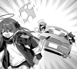 Rule 34 | &gt; &lt;, animal ears, arknights, car, demon girl, demon horns, demon tail, detached wings, emphasis lines, energy wings, exusiai (arknights), firing, fleeing, greyscale, gun, halo, highres, holding, holding gun, holding weapon, horns, jacket, kataokasan, long hair, long sleeves, monochrome, mostima (arknights), motion blur, motor vehicle, open clothes, open jacket, running, shaded face, short hair, short shorts, shorts, tail, texas (arknights), unzipped, vehicle chase, weapon, wings, wolf ears