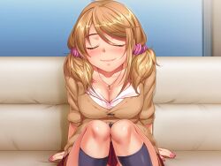 Rule 34 | 1girl, arm behind back, arm support, black socks, blush, breasts, brown hair, cleavage, closed eyes, couch, game cg, gyaru, higuchi nao, huge breasts, indoors, jewelry, knees together feet apart, nail polish, necklace, non-web source, saimin counselor, school uniform, shiny skin, sitting, smile, socks, solo, swept bangs, twintails, un tabetarou