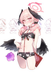Rule 34 | 1girl, adelie cat, arm behind back, bikini, black bikini, black bow, black wings, blue archive, blush, book, bow, breasts, chibi, chibi inset, closed mouth, collarbone, commentary request, cropped legs, feathered wings, floral print, front-tie bikini top, front-tie top, hair bow, hair over shoulder, halo, head wings, highres, holding, holding book, koharu (blue archive), koharu (swimsuit) (blue archive), korean commentary, long hair, low twintails, low wings, navel, official alternate costume, pink eyes, pink hair, pink halo, pornography, print bikini, simple background, small breasts, solo focus, spaghetti strap, sweat, swimsuit, twintails, white background, wings