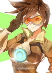 Rule 34 | 1girl, bodysuit, bomber jacket, breasts, brown eyes, brown gloves, brown hair, brown jacket, chest harness, collarbone, copyright name, dated, enjelicious, fur trim, gloves, goggles, hand up, harness, high collar, highres, jacket, large breasts, leather, leather jacket, looking at viewer, overwatch, overwatch 1, salute, short hair, smile, solo, spiked hair, tracer (overwatch), upper body, vambraces, watermark, web address