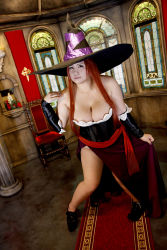 Rule 34 | 1girl, asian, breasts, chouzuki maryou, cosplay, dragon&#039;s crown, hat, highres, hip focus, large breasts, photo (medium), plump, red hair, side slit, solo, witch, sorceress (dragon&#039;s crown), sorceress (dragon&#039;s crown) (cosplay), staff, stained glass, thick thighs, thighs, wide hips, witch hat
