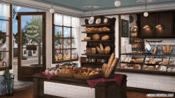 Rule 34 | baguette, bakery, basket, bell, book, bread, bungou to alchemist, cake, call bell, closed umbrella, cookie, counter, croissant, cupcake, curtains, day, display case, doughnut, flower, food, hanging light, house, indoors, jam, jar, loaf of bread, menu board, no humans, official art, open door, oven mitts, pastry, pavement, pink flower, plate, rolling pin, sandwich, scenery, shelf, shop, tart (food), town, transparent curtains, umbrella, window, wooden floor, yellow flower