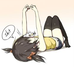 Rule 34 | 1girl, black eyes, black hair, black thighhighs, casual, cellphone, dropping, english text, failure, gradient background, hair ornament, hair ribbon, hands up, in the face, lying, original, phone, profanity, ribbon, shorts, sketch, sky-freedom, sky (sky-freedom), smartphone, solo, thighhighs, truth, two side up, zettai ryouiki