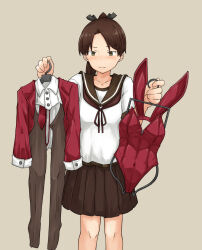 Rule 34 | 1girl, animal ears, bow, bowtie, brown background, brown eyes, brown hair, brown pantyhose, brown sailor collar, brown skirt, chagamaka, clothes hanger, cropped jacket, cropped shirt, fake animal ears, feet out of frame, highres, holding, holding clothes, jacket, kantai collection, leotard, meme attire, necktie, pantyhose, playboy bunny, ponytail, rabbit ears, rabbit tail, red bow, red bowtie, red jacket, red leotard, red necktie, reverse bunnysuit, reverse outfit, sailor collar, school uniform, serafuku, shikinami (kancolle), shirt, short hair, simple background, skirt, solo, standing, strapless, strapless leotard, tail, white shirt