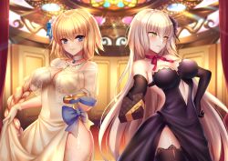 Rule 34 | 2girls, ahoge, bad id, bad pixiv id, bare shoulders, black dress, black gloves, black legwear, blonde hair, blue eyes, blush, box, braid, breasts, center opening, choker, cleavage, closed mouth, collarbone, dress, elbow gloves, fate/apocrypha, fate/grand order, fate (series), flower, gift, gift box, gloves, hair between eyes, hair flower, hair ornament, hand on own hip, heart-shaped box, hip focus, jeanne d&#039;arc (fate), jeanne d&#039;arc (ruler) (fate), jeanne d&#039;arc alter (avenger) (fate), jeanne d&#039;arc alter (fate), jewelry, large breasts, long hair, looking at viewer, mallizmora, multiple girls, neck ribbon, necklace, outstretched arm, pale skin, pendant, red ribbon, religious offering, ribbon, silver hair, single braid, smile, thighhighs, very long hair, white dress, white gloves, white legwear, yellow eyes