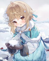 Rule 34 | 1girl, :d, absurdres, ahoge, black gloves, blonde hair, blue capelet, blue dress, blue ribbon, blurry, blush, brown hair, capelet, chinese clothes, cupping hands, dress, floral print, flower, fur-trimmed capelet, fur-trimmed sleeves, fur trim, genshin impact, gloves, guzangnanfeng, hair flower, hair ornament, hanfu, head tilt, highres, holding, long sleeves, looking at viewer, lumine (genshin impact), on ground, open mouth, own hands together, ribbon, rock, sidelocks, smile, snow, snow on head, solo, squatting, tassel, white flower, winter, winter clothes, yellow eyes
