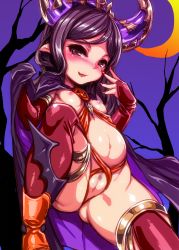 Rule 34 | 10s, 1girl, arulumaya, black hair, bridal gauntlets, brown eyes, cleft of venus, crescent moon, elbow gloves, female pubic hair, flat chest, gloves, granblue fantasy, harigane shinshi, harvin, highres, horns, long hair, mole, mole under eye, moon, pointy ears, pubic hair, pussy, revealing clothes, solo, thighhighs, uncensored