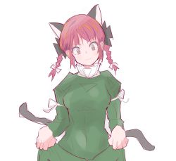 Rule 34 | 1girl, animal ears, bow, braid, cat ears, cat tail, dress, extra ears, green dress, highres, holding, holding clothes, holding skirt, kaenbyou rin, long sleeves, looking down, multiple tails, nekomata, o0gintoki0o, red hair, simple background, skirt, smile, solo, tail, touhou, twin braids, white background