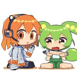 Rule 34 | 2girls, a.i. voice, adachi rei, amputee, android, barefoot, black pantyhose, blush stickers, chibi, commentary request, crying, crying with eyes open, expressionless, full body, furrowed brow, gloves, green hair, green shorts, grey skirt, hand up, headlamp, headset, highres, holding another&#039;s arm, hood, hood down, hooded jacket, jacket, konohoshi, long hair, looking at another, low ponytail, medium hair, multiple girls, orange eyes, pantyhose, seiza, severed arm, severed limb, shorts, simple background, sitting, skirt, suspender shorts, suspenders, tears, trembling, utau, voiceroid, voicevox, wariza, wavy eyes, wavy mouth, white background, white gloves, white jacket, zundamon