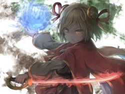 Rule 34 | 1girl, blonde hair, brown eyes, cape, commentary, djeeta (granblue fantasy), english commentary, flaming sword, flaming weapon, granblue fantasy, hair ornament, hair ribbon, highres, hikari niji, holding, holding sword, holding weapon, long sleeves, looking at viewer, looking to the side, parted lips, pleated skirt, red cape, red ribbon, red skirt, ribbon, runeslayer (granblue fantasy), shirt, skirt, solo, sword, v-shaped eyebrows, weapon, white shirt