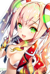 Rule 34 | 1girl, :d, android, android troika, bad id, bad pixiv id, breasts, cherrypin, cleavage, cover, cover page, drill hair, gloves, green eyes, headgear, light particles, open clothes, open mouth, open shirt, pink hair, rieul (android troika), shirt, smile, symbol-shaped pupils, twin drills, twintails