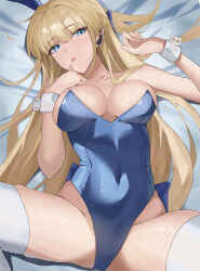 Rule 34 | 1girl, absurdres, animal ears, bed sheet, blonde hair, blue archive, blue eyes, blue leotard, breasts, collarbone, covered navel, fake animal ears, higashiwun izumi, highres, leotard, long hair, medium breasts, official alternate costume, parted lips, rabbit ears, solo, strapless, strapless leotard, sweat, thighhighs, toki (blue archive), toki (bunny) (blue archive), white thighhighs, wrist cuffs