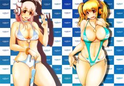 Rule 34 | 2girls, blonde hair, blush, breasts, cleavage, closed umbrella, hands on own chest, headphones, highres, huge breasts, large breasts, long hair, looking at viewer, multiple girls, navel, nitroplus, niu ju (orange bull), open mouth, otzer, pink hair, planted, planted umbrella, plump, red eyes, short hair, skindentation, smile, super pochaco, super sonico, swimsuit, twintails, umbrella, v