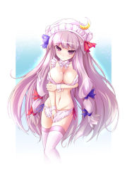 Rule 34 | 1girl, breasts, cleavage, crescent, female focus, hat, large breasts, long hair, patchouli knowledge, purple eyes, purple hair, solo, thighhighs, touhou, usurai