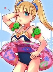 Rule 34 | 10s, 1girl, arm floats, arumaji (kiss kill lila), blonde hair, blowing kiss, blue eyes, blunt bangs, bread, breast padding, child, flat chest, food, frog, heart, idolmaster, idolmaster cinderella girls, inflatable armbands, innertube, mary cochran, melon bread, model, model pose, namco, one-piece swimsuit, one eye closed, school swimsuit, solo, standing, swim ring, swimsuit, thighs, twintails, wink
