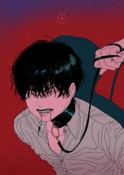 Rule 34 | 1boy, arms behind back, black hair, black leash, clenched teeth, collared shirt, drooling, fangs, from side, frown, holding, holding leash, leaning forward, leash, male focus, original, red background, sen 46, shirt, short hair, simple background, teeth, upper body, white shirt, yellow eyes