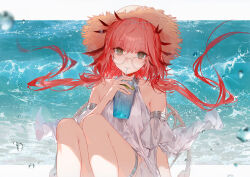 Rule 34 | 1girl, arknights, brown eyes, detached sleeves, dress, drink, drinking straw, drinking straw in mouth, erato (arknights), feathers, glasses, hat, highres, long hair, looking at viewer, pink eyes, s2rid, see-through, solo, summer, sun hat, thigh strap, water, water drop, white dress