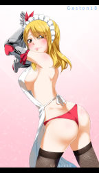 Rule 34 | 1girl, artist name, ass, blonde hair, fairy tail, female focus, gaston18, highres, looking at viewer, looking back, lucy heartfilia, panties, shiny skin, solo, underwear