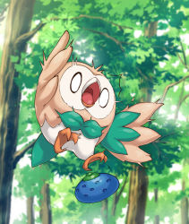 Rule 34 | 0 0, ^^^, absurdres, animal focus, berry (pokemon), bird, blurry, blurry background, boingfarm, creatures (company), cropped, day, dropping, flying, forest, full body, game freak, gen 7 pokemon, highres, nature, nintendo, no humans, open mouth, oran berry, outdoors, pokemon, pokemon (creature), rowlet, solo, surprised, tongue, tree, uvula, white eyes