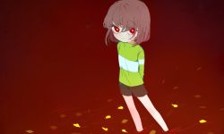 Rule 34 | 1girl, arms behind back, brown hair, brown shorts, chara (undertale), flower, green shirt, long sleeves, looking at viewer, red background, red eyes, shirt, short hair, shorts, smile, solo, soseji (tjduswjd), standing, striped clothes, striped shirt, undertale, wading, yellow flower