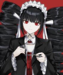 1girl black_hair blunt_bangs celestia_ludenberg closed_mouth collared_shirt cup danganronpa:_trigger_happy_havoc danganronpa_(series) drill_hair earrings eyelashes frilled_hairband frilled_sleeves frills gothic_lolita hairband hands_up hashtag-only_commentary highres holding holding_cup holding_plate jewelry lolita_fashion long_hair long_sleeves looking_at_viewer necktie plate red_background red_eyes red_necktie ringed_eyes saang2cm shirt sidelocks simple_background smile solo split_mouth straight-on teacup tsurime twin_drills upper_body very_long_hair white_hairband white_shirt wide_sleeves