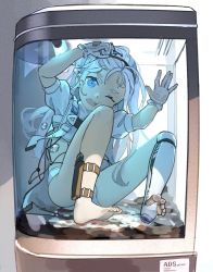 Rule 34 | 1girl, ads (girls&#039; frontline), barefoot, clenched hand, commentary, dress, facing viewer, full body, girls&#039; frontline, glass, gloves, headband, highres, leg strap, long hair, looking at viewer, one eye closed, open mouth, panties, prosthesis, prosthetic leg, puffy short sleeves, puffy sleeves, restrained, russian text, short sleeves, sitting, soles, solo, strap, tianliang duohe fangdongye, underwear, white dress, white gloves, white hair, white panties