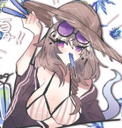 Rule 34 | 1girl, animal ears, arknights, bikini, black-framed eyewear, blush, braid, breasts, brown hat, brown jacket, eyewear on head, food, food in mouth, hair ornament, hairclip, hand up, hat, highres, holding, holding food, holding popsicle, jacket, large breasts, long hair, looking at viewer, mouth hold, niteenet, off shoulder, official alternate costume, popsicle, popsicle in mouth, purple-tinted eyewear, purple eyes, solo, striped bikini, striped clothes, sunglasses, swimsuit, tail, tinted eyewear, upper body, utage (arknights), utage (summer flowers) (arknights), white bikini