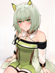 Rule 34 | 1girl, animal ear fluff, animal ears, arknights, artist name, bare shoulders, blush, cat ears, commentary, criss-cross halter, dress, green dress, green eyes, green hair, halterneck, highres, kal&#039;tsit (arknights), long sleeves, looking at viewer, off shoulder, short hair, signature, sitting, smile, solo, zinkaa