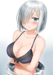 Rule 34 | 10s, 1girl, absurdres, blue bra, blue eyes, blush, bra, breasts, clothes around waist, collarbone, crossed arms, gradient background, hair ornament, hair over one eye, hairclip, hamakaze (kancolle), highres, kantai collection, lace, lace bra, large breasts, looking at viewer, nedia (nedia region), partially undressed, school uniform, serafuku, shirt, shirt around waist, short hair, silver hair, solo, underwear, upper body