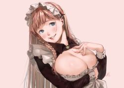 Rule 34 | 1girl, :d, apron, asymmetrical hair, black dress, blue eyes, blush, braid, breast hold, breasts, dress, flower, grey apron, grin, hair flower, hair ornament, hand on breast, hand on own chest, kamiyama aya, large breasts, long hair, long sleeves, maid, maid headdress, mole, mole on breast, mole on neck, mole under eye, mole under mouth, nail polish, open mouth, orange hair, original, pink background, pink nails, shiny skin, signature, simple background, single braid, smile, solo, teeth, upper body