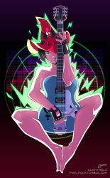 Rule 34 | 1girl, aura, black hair, breasts, covering privates, electric guitar, fingerless gloves, gloves, green eyes, guilty gear, guitar, hat, highres, i-no, instrument, knees apart feet together, letitmelo, licking, looking at viewer, mole, mole above mouth, music, nude, playing instrument, red lips, saliva, saliva trail, short hair, sitting, solo, witch hat