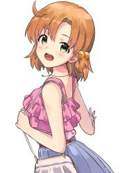 Rule 34 | 1girl, ahoge, bag, belt, belted skirt, blue skirt, blush, brown belt, commentary request, dora galapagos, frilled shirt, frills, hair bobbles, hair ornament, hands up, highres, idolmaster, idolmaster million live!, jewelry, looking back, necklace, open mouth, orange hair, pink shirt, pleated skirt, shirt, short hair, shoulder bag, skirt, sleeveless, sleeveless shirt, smile, solo, teeth, upper body, upper teeth only, white background, white bag, yabuki kana, yellow eyes