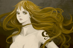 Rule 34 | 1girl, breasts, brown eyes, cleavage, collarbone, expressionless, female focus, floating hair, koga (017), large breasts, lips, long hair, looking at viewer, muted color, nami (one piece), nude, one piece, orange eyes, orange hair, parted lips, solo, tattoo, topless frame, upper body