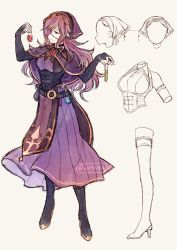Rule 34 | 1girl, boots, breasts, capelet, closed mouth, commentary, concept art, dress, eyepatch, fingerless gloves, flower, flower eyepatch, gauntlets, gem, gloves, high heel boots, high heels, jewelry, light smile, long hair, medium breasts, one eye covered, original, potion, purple dress, purple flower, purple hair, red eyes, ribbon, simple background, smile, solo, test tube, twitter username, veil, white background, xin (24914), yellow ribbon