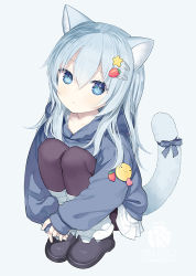 Rule 34 | 1girl, :&lt;, animal ears, black pantyhose, blue eyes, blue hair, blue jacket, blue ribbon, capriccio, cat ears, cat girl, cat tail, commentary, food-themed hair ornament, full body, hair between eyes, hair ornament, hairclip, hood, hood down, hooded jacket, jacket, light blue hair, long hair, long sleeves, looking at viewer, original, own hands together, pantyhose, ribbon, simple background, sleeves past wrists, solo, squatting, star (symbol), star hair ornament, strawberry hair ornament, tail, tail ornament, tail ribbon, white background