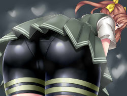 Rule 34 | 1girl, ass, ass focus, bad id, bad pixiv id, bent over, bike shorts, blue background, bow, brown eyes, brown hair, hair bow, heart, highres, huge ass, kagerou (kancolle), kantai collection, long hair, looking at viewer, looking back, panties under bike shorts, school uniform, simple background, skirt, smell, solo, terakoya, thighs, tight clothes, twintails, yellow bow